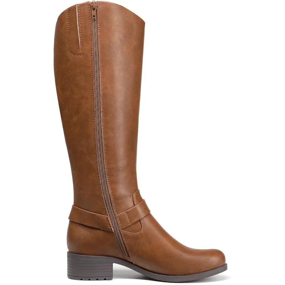 Women Faux Leather Light Brown Comfortable Knee High Side Zipper Buckle Boots